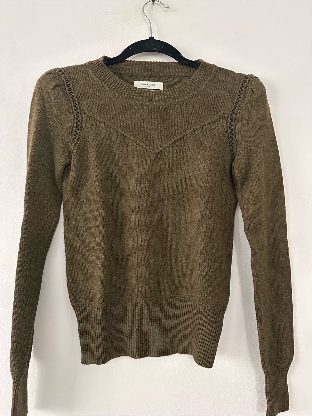 Isabel Marant Etoile olive green Knit Sweater Pointelle Puff Sleeve FR 36